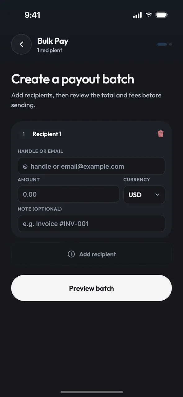 Bulk pay preview with recipients, totals, fees and the available balance