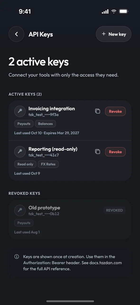 API keys screen with each key’s permissions, expiry and last use