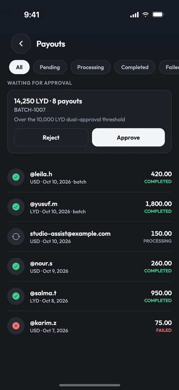 Payouts list filtered by status, with the detail of one payout