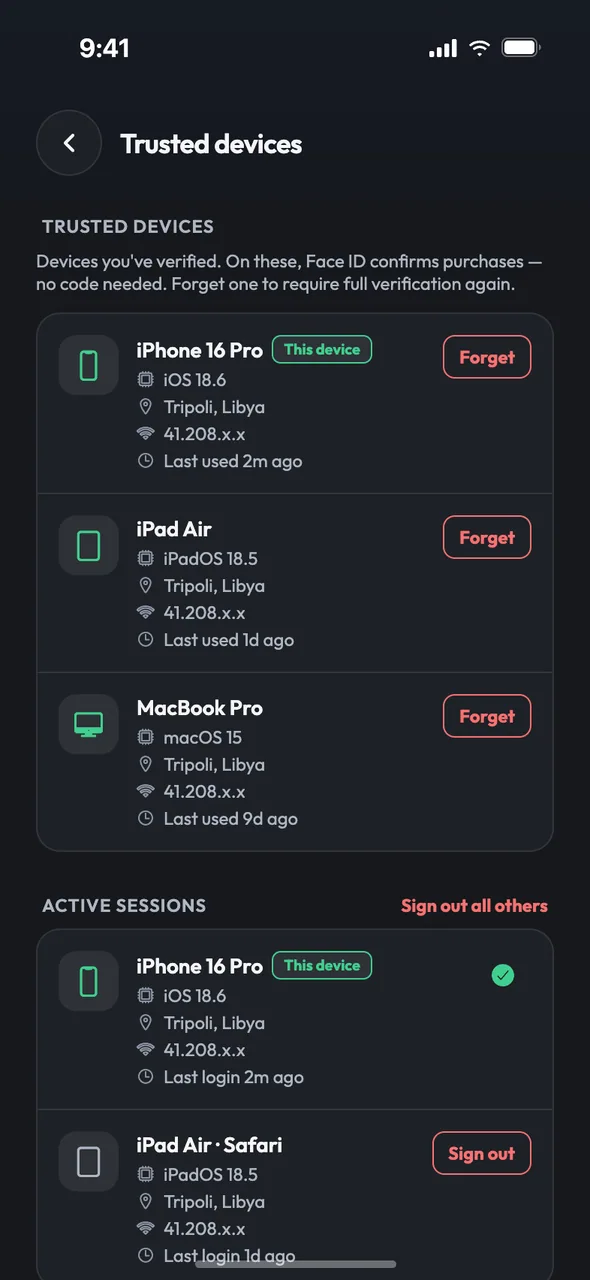 The trusted devices and active sessions list in the tazdan app