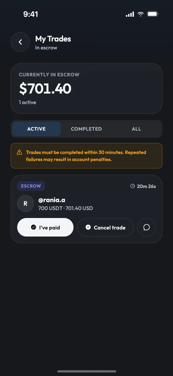 An active P2P trade with escrow and a payment countdown