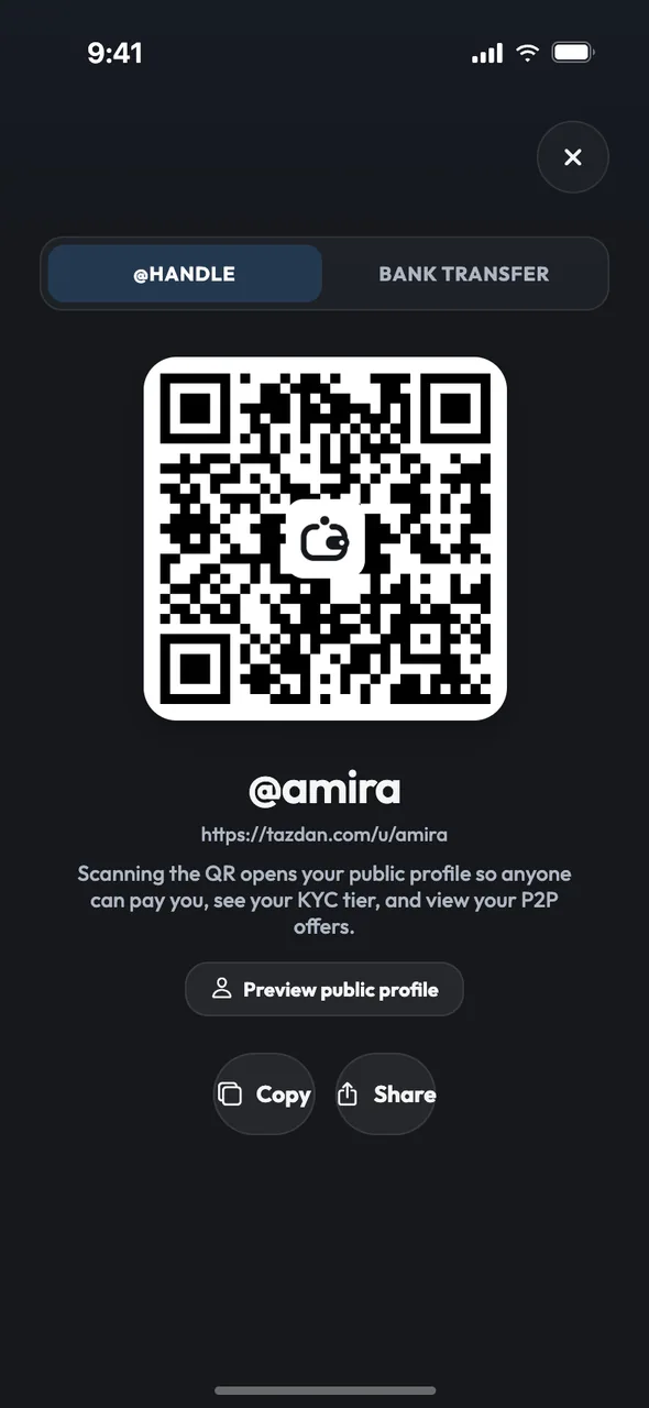The receive screen with a QR code and @handle in the tazdan app
