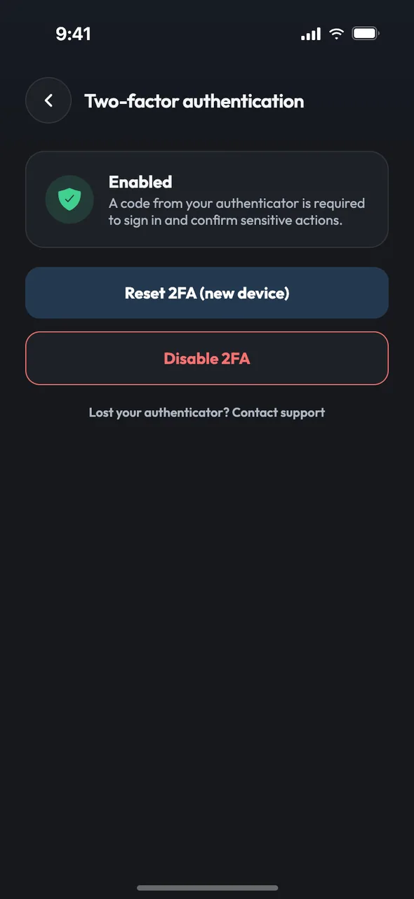 Two-factor authentication turned on in the tazdan app
